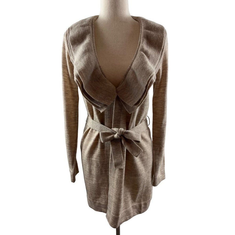 Carole Little Merino Wool Ruffle Shawl Collar Belted Cardigan Sweater Small Tan